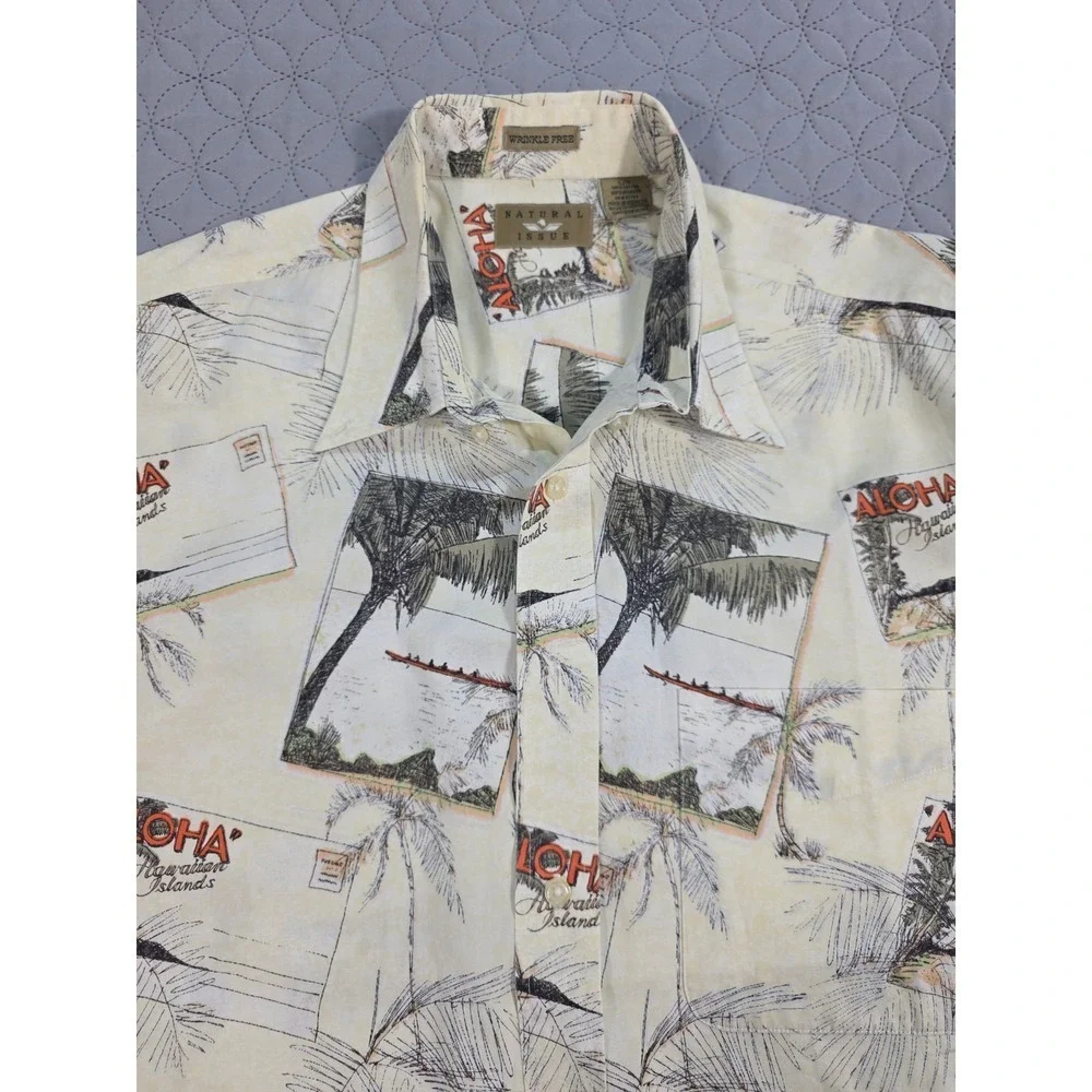 Natural Issue Mens Large Aloha Hawaiian Postcard Print Cotton Button Down Shirt